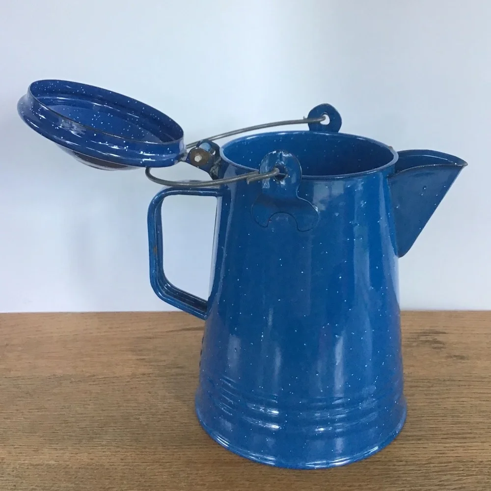 Vintage Blue Speckled Enamel Coffee Pot Kettle Camping Rustic Farmhouse